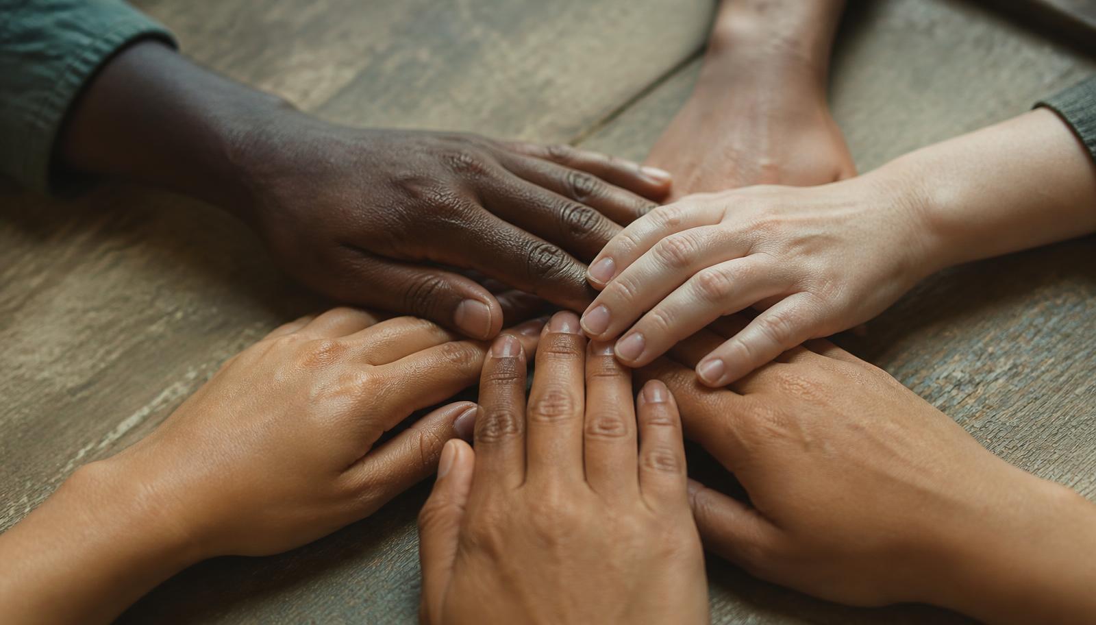 Six hands of many different skin tones resting together on a wooden table