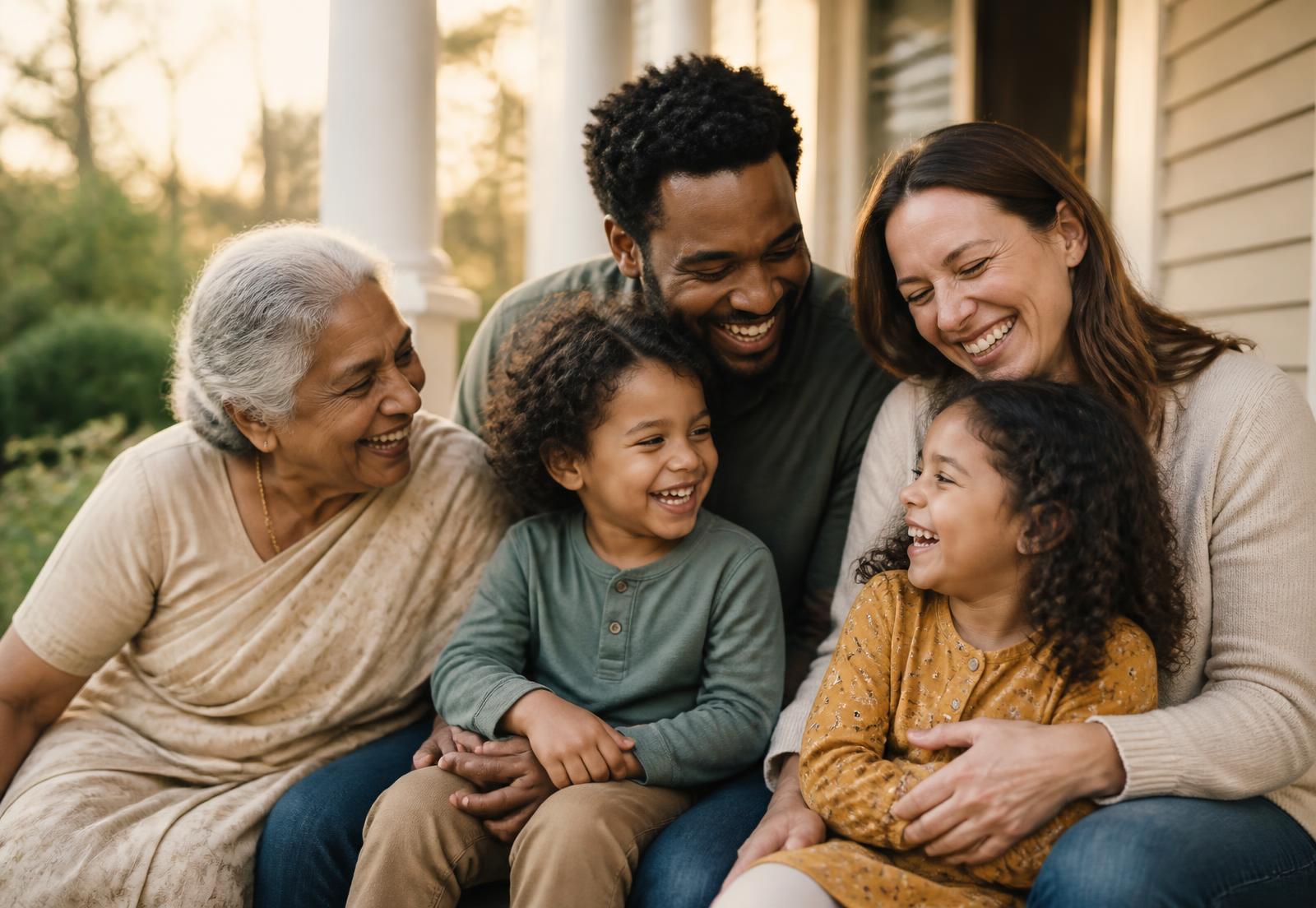 A multigenerational family of mixed heritage laughing together on a porch