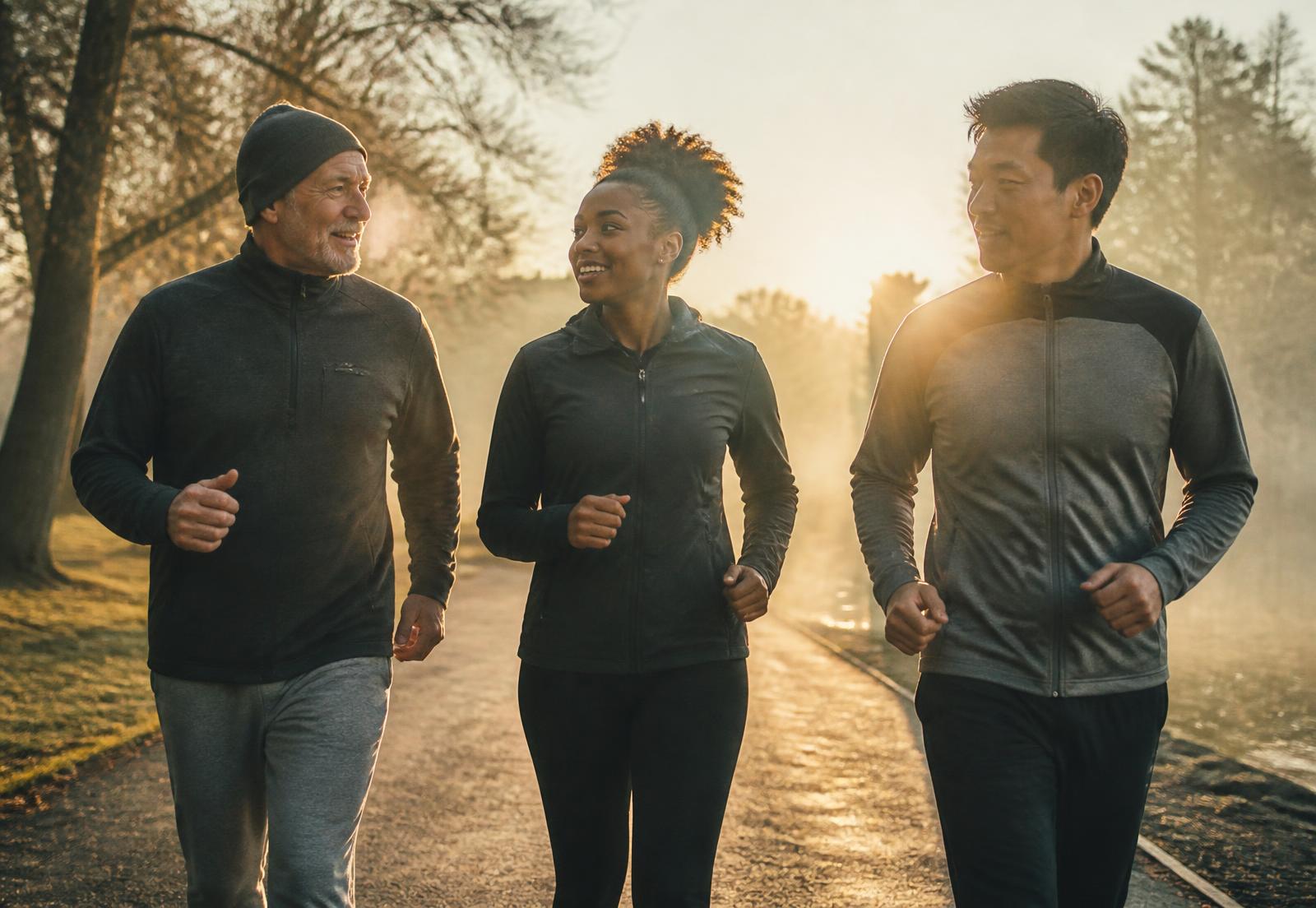 Three people of different backgrounds walking together on a misty sunrise path