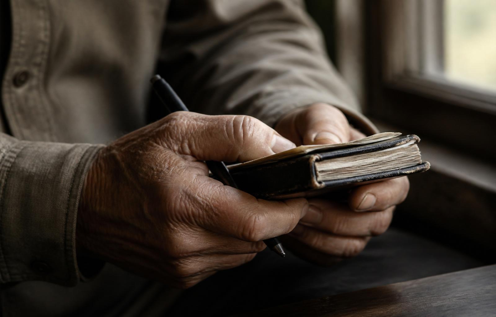 Hands holding a worn notebook in soft window light