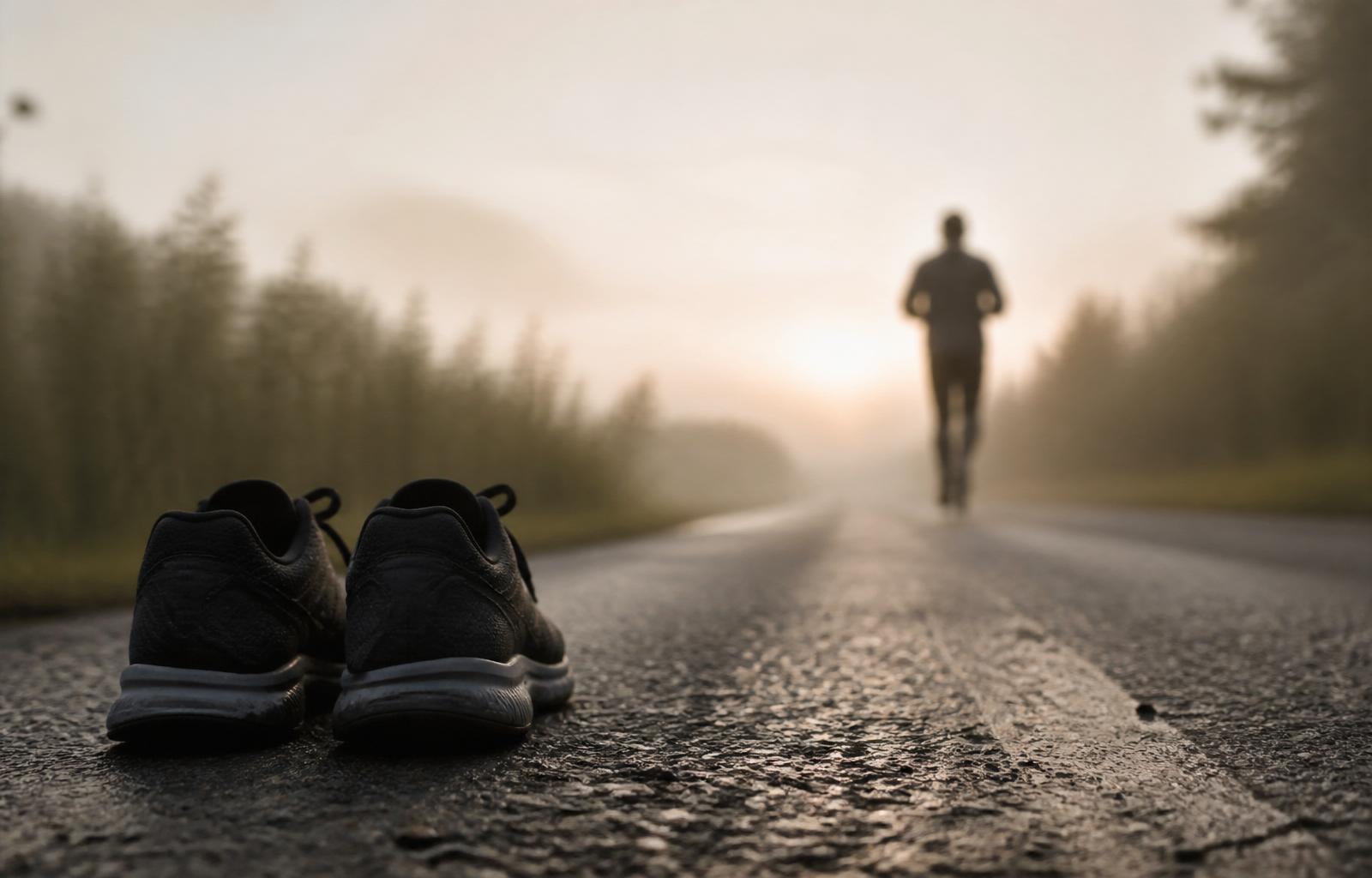 A runner's shoes on a misty morning road with a lone figure in the distance